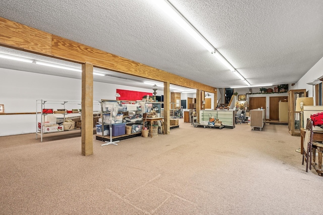 basement with a workshop area and a textured ceiling