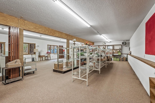 gym featuring a textured ceiling and carpet flooring