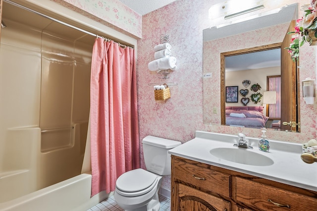 full bathroom with vanity, shower / tub combo with curtain, tile patterned flooring, and toilet