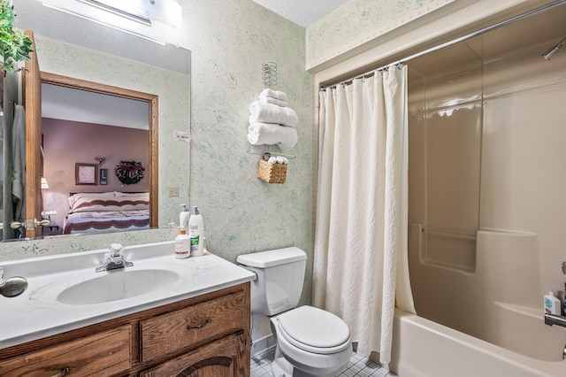 full bathroom with shower / bath combination with curtain, a textured ceiling, vanity, tile patterned floors, and toilet