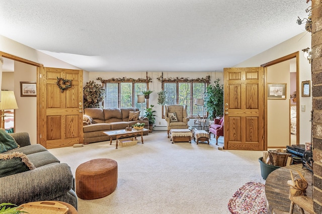 living room featuring carpet and a textured ceiling