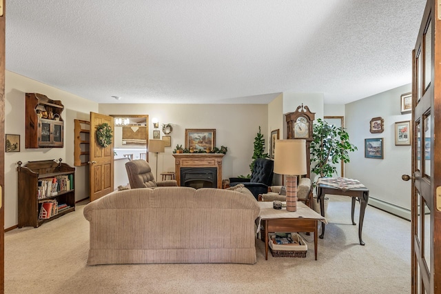 carpeted living room with a textured ceiling and a baseboard heating unit