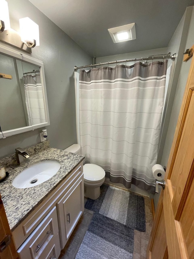 bathroom featuring toilet, vanity, and a shower with curtain