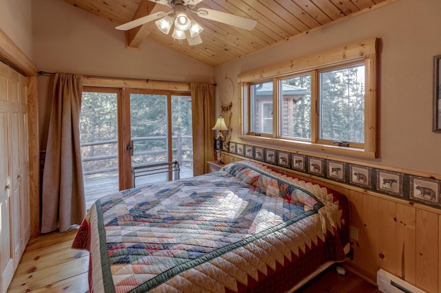 bedroom featuring wood ceiling, light hardwood / wood-style floors, ceiling fan, baseboard heating, and access to exterior