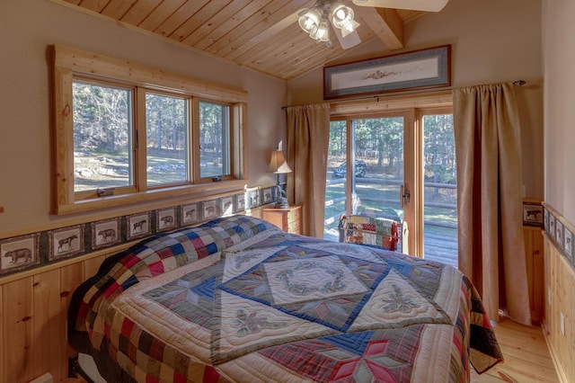 bedroom featuring wood ceiling, ceiling fan, access to outside, vaulted ceiling with beams, and light hardwood / wood-style flooring