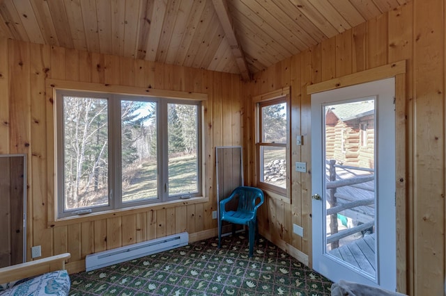 unfurnished sunroom with baseboard heating, wood ceiling, and vaulted ceiling