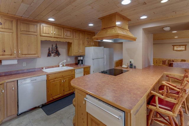 kitchen featuring wood ceiling, custom exhaust hood, a kitchen bar, white appliances, and sink