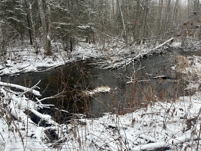 snowy landscape with a water view