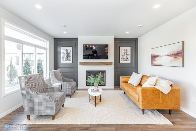 living room featuring a fireplace and hardwood / wood-style floors