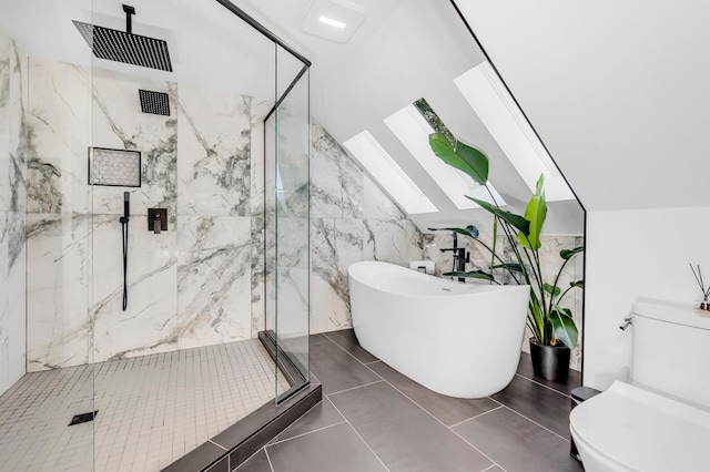 4756 Kildare Rd, Mound, MN 55364 - bathroom with a marble finish shower, a skylight, toilet, a soaking tub, and tile walls