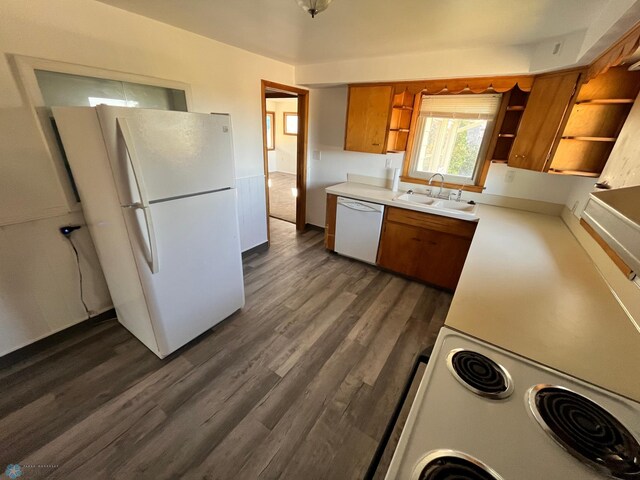 kitchen featuring white appliances, sink, and dark wood-type flooring