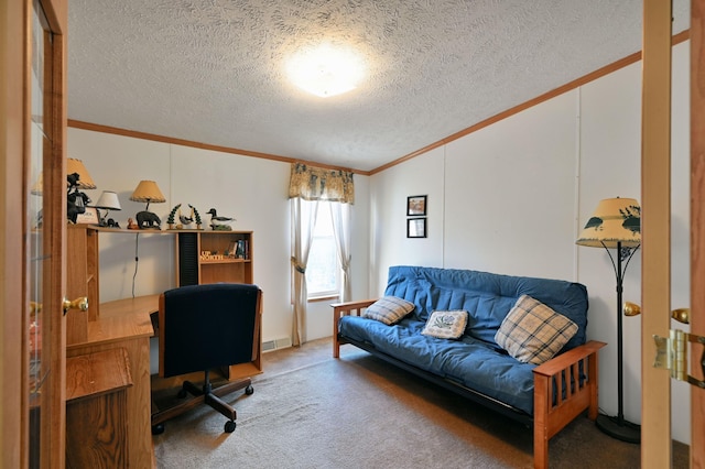 office space with carpet flooring, a textured ceiling, and ornamental molding