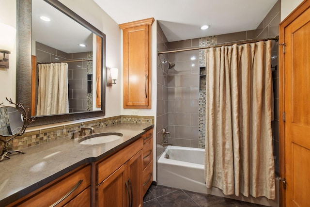 5006 Sheridan Ave S, Minneapolis, MN 55410 - full bathroom featuring tile patterned floors, shower / bathtub combination with curtain, vanity, tasteful backsplash, and recessed lighting