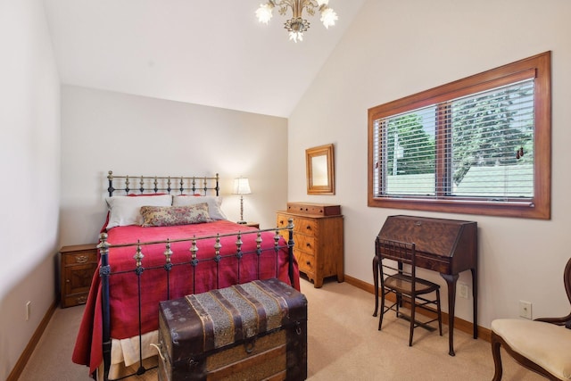 5006 Sheridan Ave S, Minneapolis, MN 55410 - bedroom featuring light colored carpet, baseboards, a chandelier, and high vaulted ceiling