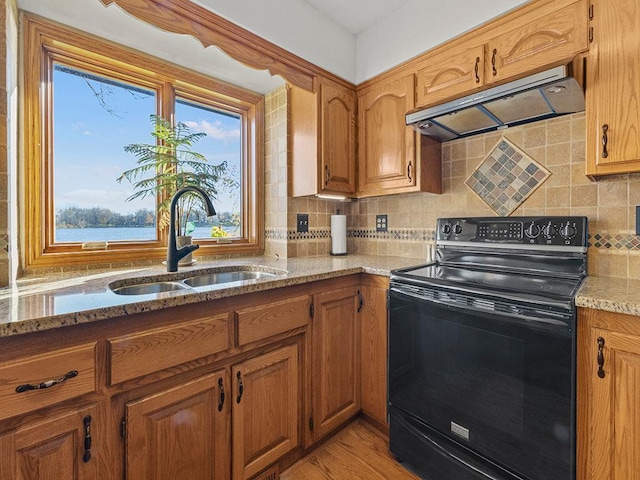 kitchen with a wealth of natural light, sink, black electric range oven, and light stone counters