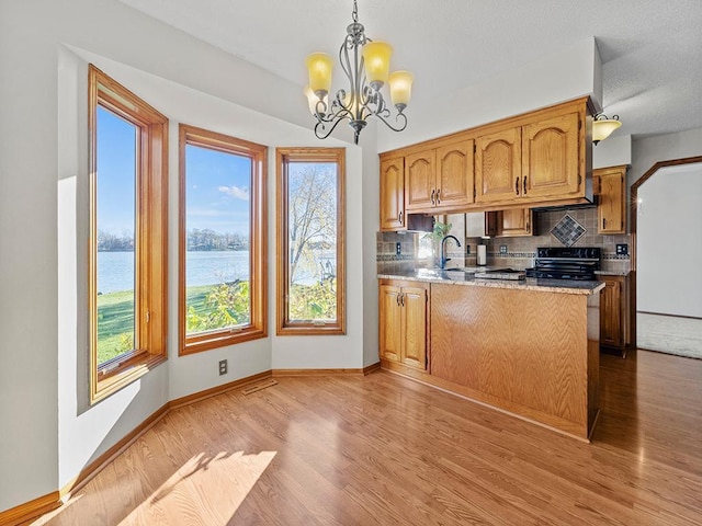 kitchen with pendant lighting, decorative backsplash, a healthy amount of sunlight, and a water view