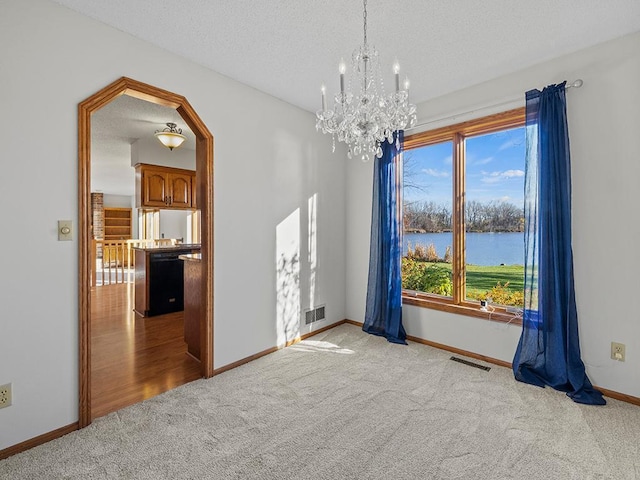 empty room with a water view, light colored carpet, a textured ceiling, and a notable chandelier