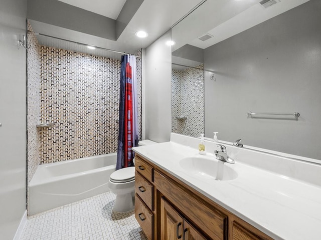 full bathroom with shower / bath combo, toilet, and vanity