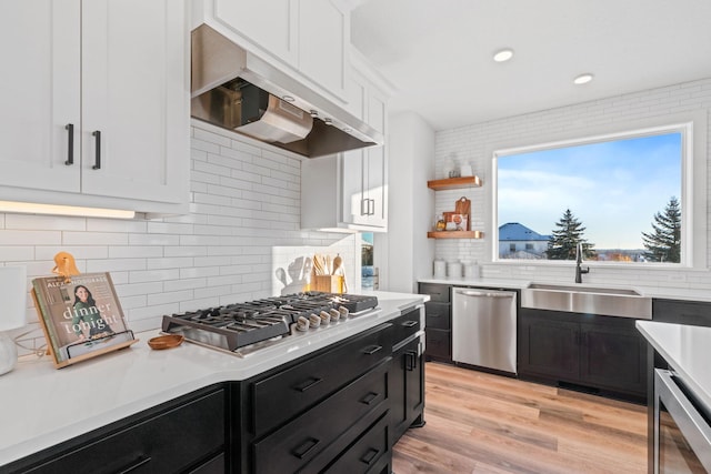 kitchen featuring decorative backsplash, stainless steel appliances, extractor fan, sink, and white cabinetry