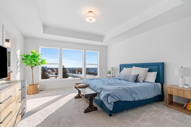 bedroom with light colored carpet and a tray ceiling