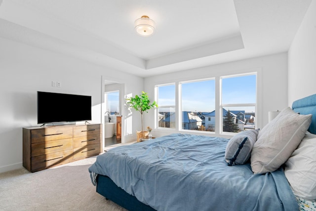 carpeted bedroom with a tray ceiling