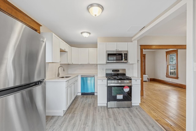 kitchen featuring white cabinets, light wood-type flooring, stainless steel appliances, and radiator