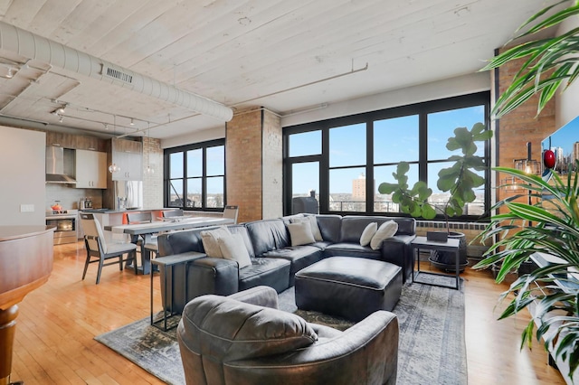 living room featuring track lighting and light hardwood / wood-style floors