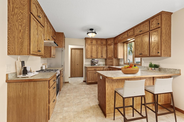 kitchen featuring range with gas cooktop, a peninsula, under cabinet range hood, a kitchen bar, and a sink