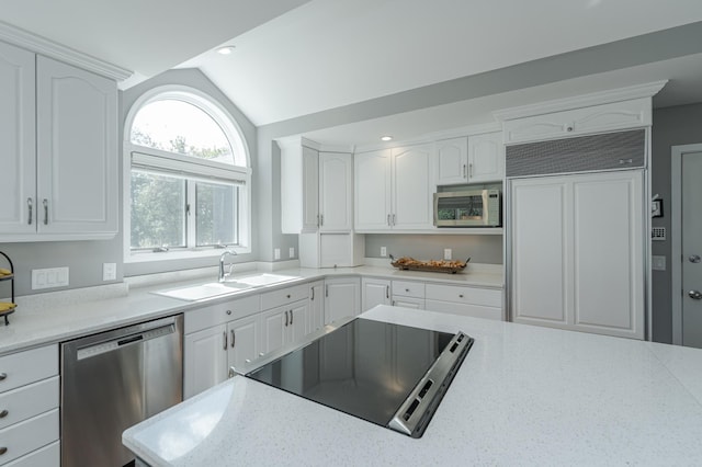 kitchen with appliances with stainless steel finishes, lofted ceiling, white cabinetry, and a sink