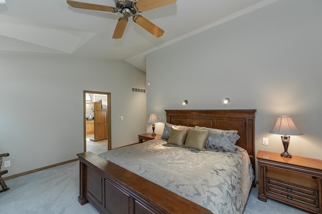 bedroom featuring light carpet, baseboards, visible vents, lofted ceiling, and ceiling fan