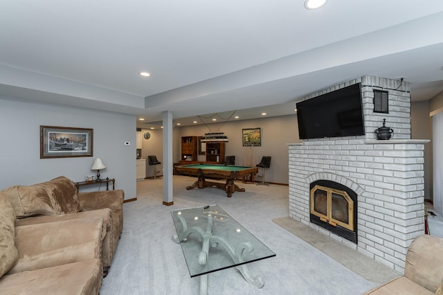 living area with a fireplace, recessed lighting, light carpet, billiards, and baseboards