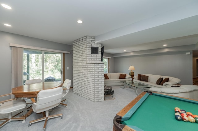 recreation room with billiards, carpet flooring, and recessed lighting