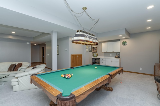 rec room with light colored carpet, recessed lighting, billiards, baseboards, and indoor wet bar