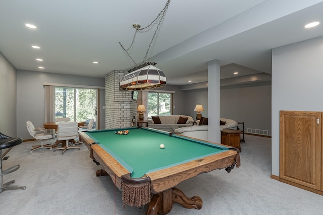 playroom featuring light carpet, baseboards, visible vents, pool table, and recessed lighting