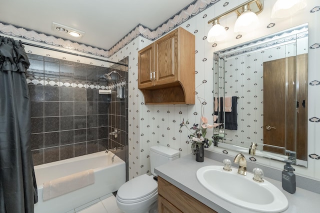 full bathroom featuring toilet, wallpapered walls, shower / bath combination with curtain, and vanity