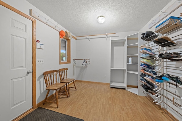 walk in closet with light hardwood / wood-style floors