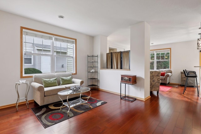 living room with dark hardwood / wood-style flooring