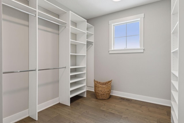 spacious closet with dark wood-type flooring