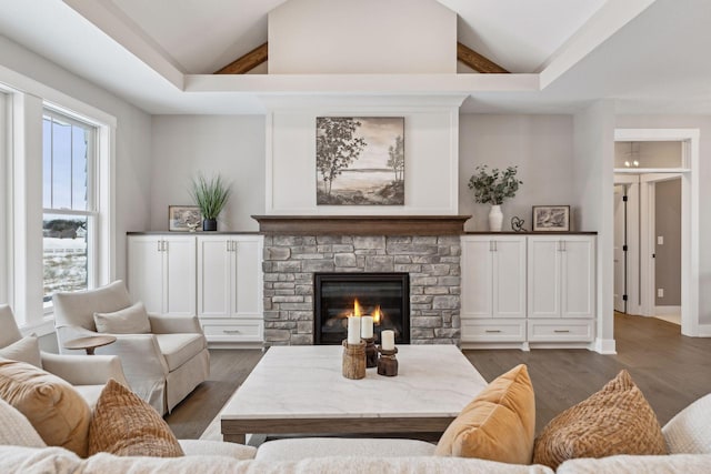 living room featuring dark hardwood / wood-style flooring, lofted ceiling, plenty of natural light, and a stone fireplace