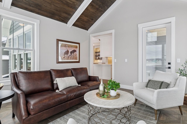 living room featuring wooden ceiling, lofted ceiling with beams, and parquet floors