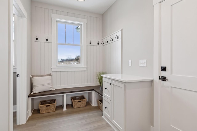 mudroom with light hardwood / wood-style floors