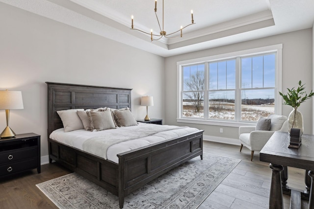 bedroom featuring a raised ceiling, multiple windows, and hardwood / wood-style floors