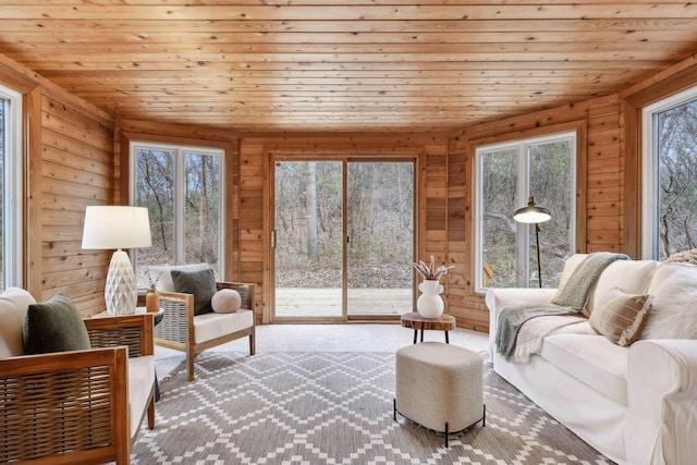 interior space featuring wood walls, a healthy amount of sunlight, and wooden ceiling