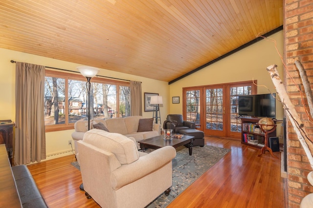 living room featuring a baseboard heating unit, wooden ceiling, vaulted ceiling, and wood-type flooring