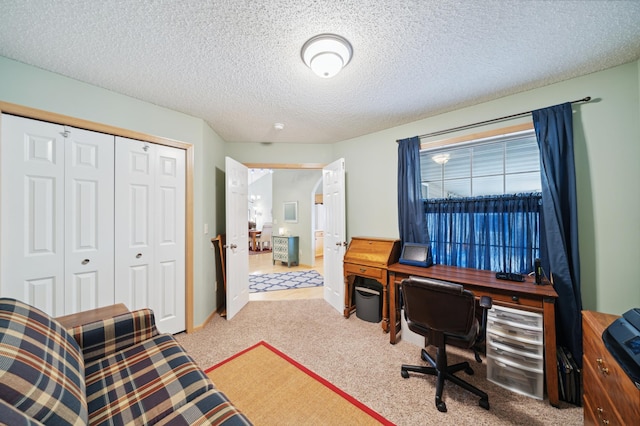 office with a textured ceiling and light carpet