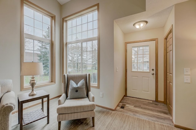 interior space with a healthy amount of sunlight, light hardwood / wood-style floors, and a textured ceiling