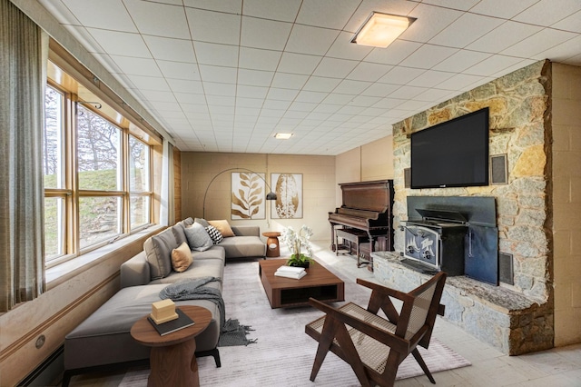 living room with a wood stove and a baseboard radiator