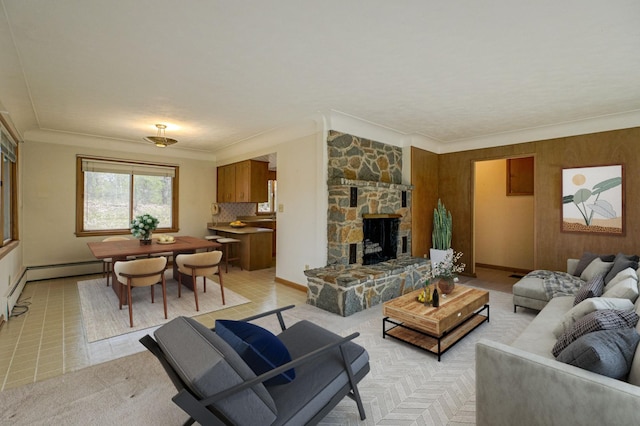 tiled living room featuring a fireplace and crown molding