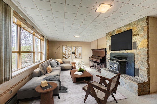 living room with a wood stove