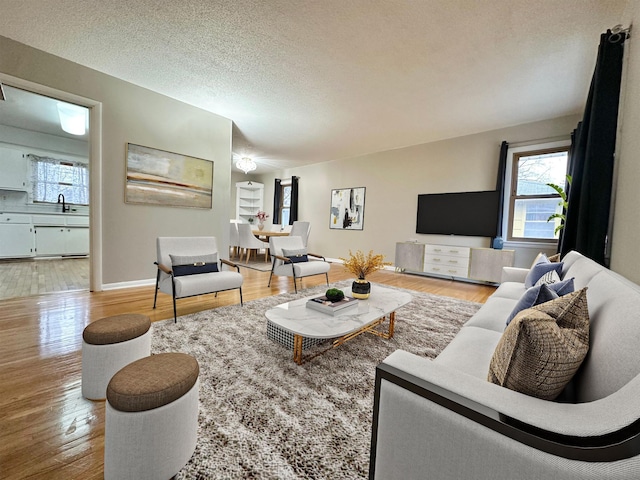 living room with a textured ceiling, light wood-type flooring, and sink